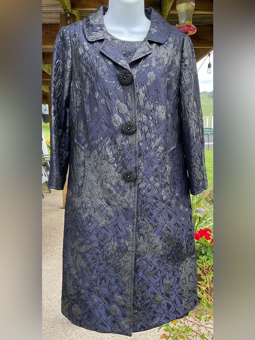 Carlisle Size 6 Y2K Navy Metallic Brocade Dress Long Coat 2 Piece Formal Set